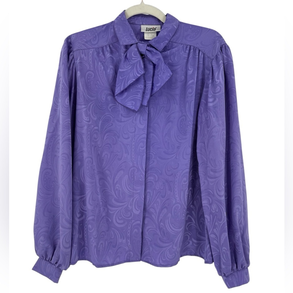 Vintage Lucia Purple Paisley Jacquard Bow Blouse Size 12 Statement Secretary Top